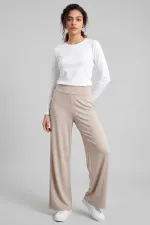 Tommylife Wholesale Beige Comfort Fit Wide Leg Corset Palazzo Women's Trousers - 94681 Tommylife Wholesale Beige Comfort Fit Wide Leg Corset Palazzo Women's Trousers - 94681