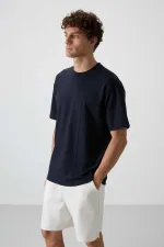 Tommylife Toptan O Yaka Oversize Basic Erkek T-Shirt 88380 Lacivert