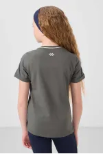 Tommylife Toptan Pamuklu O Yaka Oversize Fit Baskılı Kız Çocuk T Shirt 75177 Haki