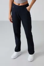 Tommylife Toptan Lacivert Taş Detaylı Cepli Rahat Form Klasik Paça Kadın Eşofman Altı - 94007