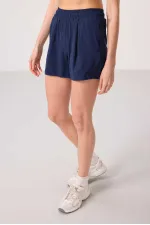 Tommylife Toptan Polyester Gizli Cep Fermuarlı Rahat Form Kadın Şort - 91014 İndigo