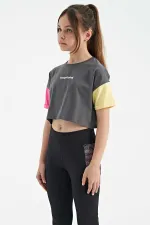 Tommylife Wholesale Dark Grey Printed Crew Neck Dropped Shoulder Oversize Girls' T-Shirt - 75130