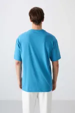 Tommylife Toptan O Yaka Oversize Baskılı Erkek T-Shirt 88334 Petrol Mavi