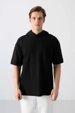 Tommylife Toptan Kapüşonlu Oversize Basic Erkek T-Shirt 88335 Siyah