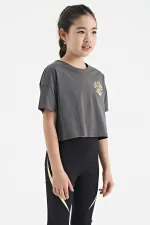 Tommylife Toptan Koyu Gri Ön Arka Baskılı O Yaka Düşük Omuz Oversize Kısa Kollu Kız Çocuk T-Shirt - 75126