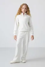Tommylife Toptan 7-15 Yaş Dik Yaka Standart Kalıp Kız Çocuk Eşofman Takımı 75159 Ekru
