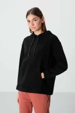 Tommylife Toptan Kapüşonlu Oversize Kadın Polar Sweatshirt 97292 Siyah