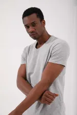 Tommylife Toptan V Yaka Standart Kalıp Basic Erkek T-Shirt 87912 Gri Melanj