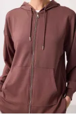 Tommylife Wholesale Soft Texture Hooded Oversize Women's Tunic Sweatshirt - 97302 Brown