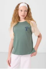 Tommylife Wholesale Crew Neck Cotton Printed Oversize Fit Girls' T-Shirt 75179 Light Green