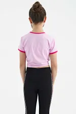 Tommylife Toptan Pembe Baskı Detaylı O Yaka Çok Renkli Bağlama Detaylı Kız Çocuk T-Shirt - 75113