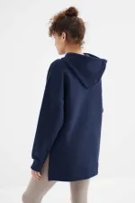 Tommylife Toptan İndigo Reglan Kol Basic Kapüşonlu Oversize Tunik - 97242