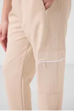 Tommylife Toptan O Yaka Baskılı Lastik Paça Kargo Cepli Kız Çocuk Eşofman Takım 75173 Beyaz Bej