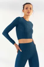 Tommylife Toptan Zümrüt Kendinden Desenli O Yaka Uzun Kol Kadın Crop Top T-Shirt - 97153