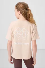 Tommylife Wholesale Cotton Crew Neck Oversize Fit Basic Girls' T-Shirt 75178 Beige