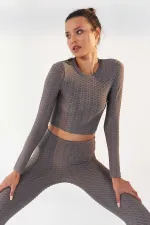 Tommylife Toptan Gri Kendinden Desenli O Yaka Uzun Kol Kadın Crop Top T-Shirt - 97153