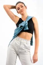 Tommylife Wholesale Black Basic Sleeveless Slim Fit U-Neck Women's Crop Top Tank Top - 97160