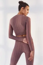 Tommylife Toptan Gül Kurusu Kendinden Desenli O Yaka Uzun Kol Kadın Crop Top T-Shirt - 97153