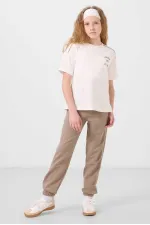 Tommylife Wholesale Crew Neck Printed Elasticated Hem Standard Fit Girls' Tracksuit Set 75186 Ecru Dark Beige