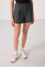 Tommylife Toptan Polyester Gizli Cep Fermuarlı Rahat Form Kadın Şort - 91014 Haki