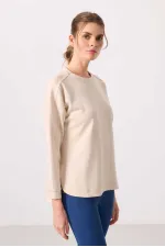 Tommylife Toptan Yumuşak Dokulu O Yaka Rahat Form Kadın Tunik Sweatshirt - 97305 Bej