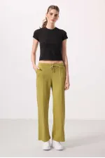 Tommylife Toptan Yumuşak Dokulu Cepli Ön Dikiş Detaylı Kadın Palazzo Pantolon - 94670 Koyu Hardal