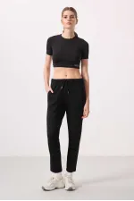 Tommylife Wholesale Soft Textured Hidden Zipper Slim Fit Women's Trousers - 94668 Black