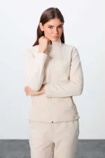 Ensemble de survêtement en polaire Tommylife Wholesale pour femme, coupe classique, col montant, taille oversize, beige, référence 95339