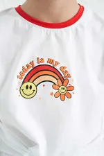 T-shirt fille Tommylife en gros, blanc imprimé, col rond, détails de cravate multicolores - 75113