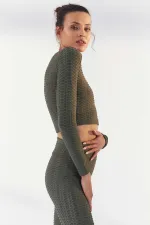 Tommylife Wholesale Light Green Self-Patterned Crew Neck Long Sleeve Women's Crop Top T-Shirt - 97153