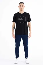 Tommylife Toptan Siyah Yazı Geometri Baskılı Standart Kalıp Erkek T-Shirt - 88198