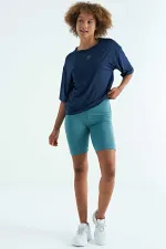 Tommylife Wholesale Indigo Crew Neck Print Detail Oversize Short Sleeve Women's T-Shirt - 97263