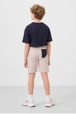 Ensemble short chino garçon Tommylife en coton stretch léger, coupe oversize, taille 11278, bleu marine-pierre