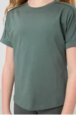 Tommylife Toptan Pamuklu O Yaka Oversize Fit Basic Kız Çocuk T Shirt 75182 Açık Yeşil