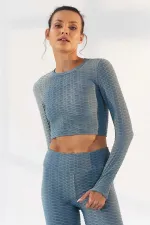 Tommylife Wholesale Mint Green Self-Patterned Crew Neck Long Sleeve Women's Crop Top T-Shirt - 97153