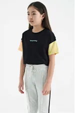 Tommylife Toptan Siyah Yazı Baskılı O Yaka Düşük Omuzlu Oversize Kız Çocuk T-Shirt - 75130