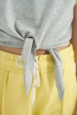 Tommylife Wholesale Grey Melange Print Detail Crew Neck Multicolored Tie Detail Girls' T-Shirt - 75113