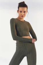 Tommylife Wholesale Light Green Self-Patterned Crew Neck Long Sleeve Women's Crop Top T-Shirt - 97153