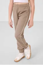 Tommylife Wholesale Crew Neck Printed Elasticated Hem Standard Fit Girls' Tracksuit Set 75186 Ecru Dark Beige