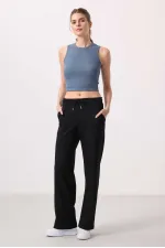 Tommylife Toptan Yumuşak Dokulu Cepli Ön Dikiş Detaylı Kadın Palazzo Pantolon - 94670 Siyah