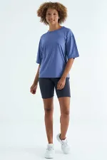 Tommylife Toptan Eflatun O Yaka Baskı Detaylı Oversize Kısa Kol Kadın T-Shirt - 97263