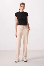 Pantalon palazzo à jambes larges pour femme Tommylife Wholesale, texture douce, avec empiècements latéraux - 94669 Beige