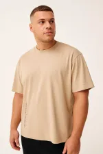 Tommylife Toptan Bej Baskılı O Yaka Rahat Form Battal Büyük Beden Erkek T-Shirt - 88472