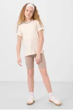 Tommylife Toptan Pamuklu O Yaka Oversize Fit Baskılı Kız Çocuk T Shirt 75177 Ekru