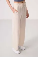 Tommylife Toptan Keten Geniş Paça Rahat Form Kadın Palazzo Pantolon - 94675 Natür