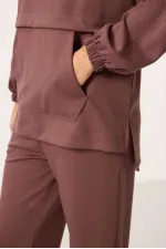 Ensemble tunique de survêtement à capuche oversize pour femme Tommylife, texture douce, vente en gros - 95348 Marron