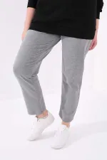 Tommylife Toptan Gri Melanj Klasik Paça Taş Detaylı Kadın Büyük Beden Eşofman Alt - 94040