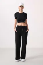 Tommylife Toptan Keten Geniş Paça Rahat Form Kadın Palazzo Pantolon - 94675 Siyah