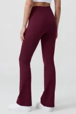Tommylife Toptan Bordo Esnek Yüksek Bel Spor Performans Kadın İspanyol Paça Tayt - 94686