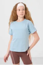 Tommylife Toptan Pamuklu O Yaka Oversize Fit Basic Kız Çocuk T Shirt 75182 Açık Mavi